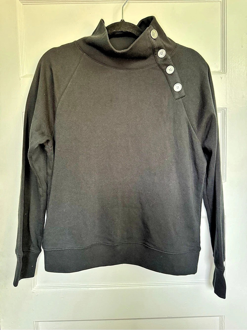 J.CREW Asymmetrical Button Shoulder Funnel Neck Sweatshirt Minimalist Black Smal